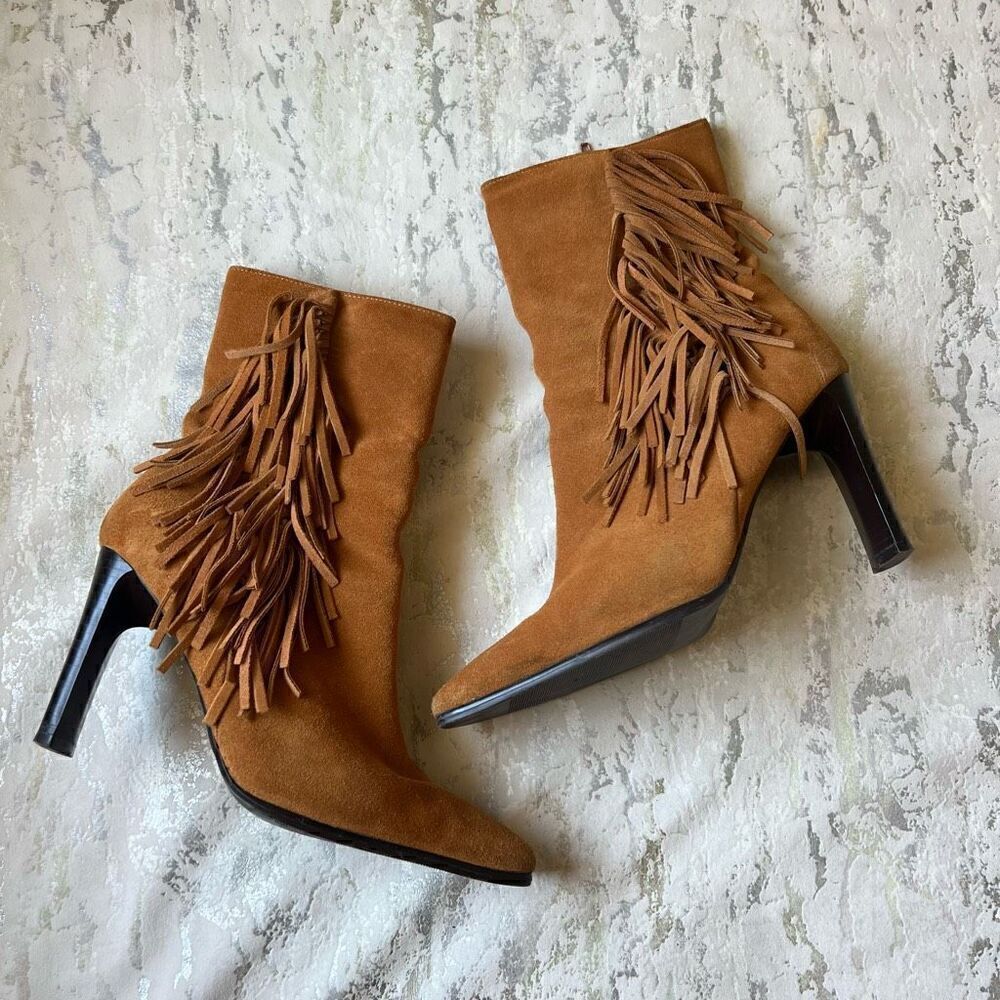 Y2K Leather Tassel heeled boots 90s - Picture 2 of 6